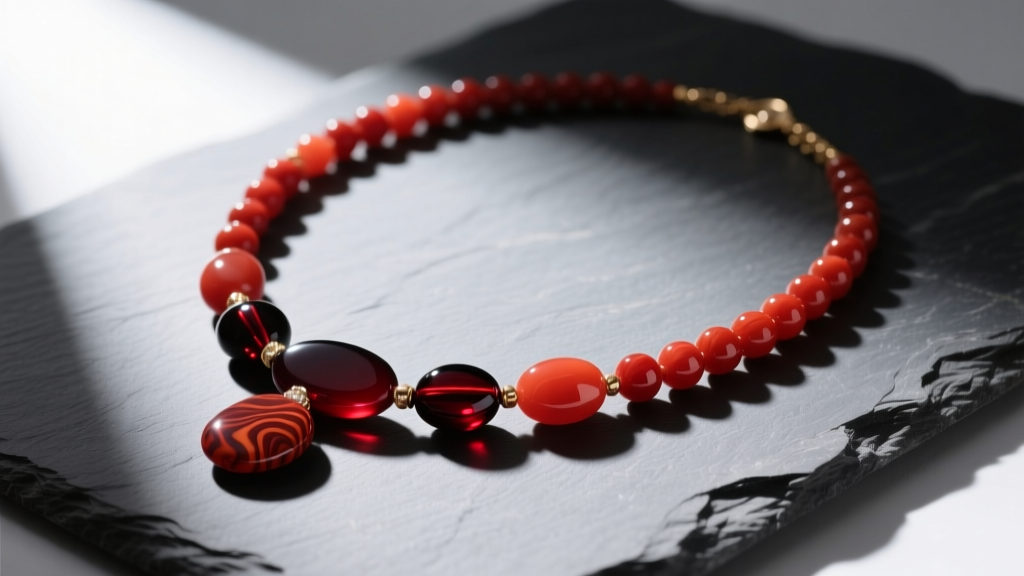 Flat lay of carnelian, red onyx, and glass dark red bead necklace materials on slate, lit by soft natural light.