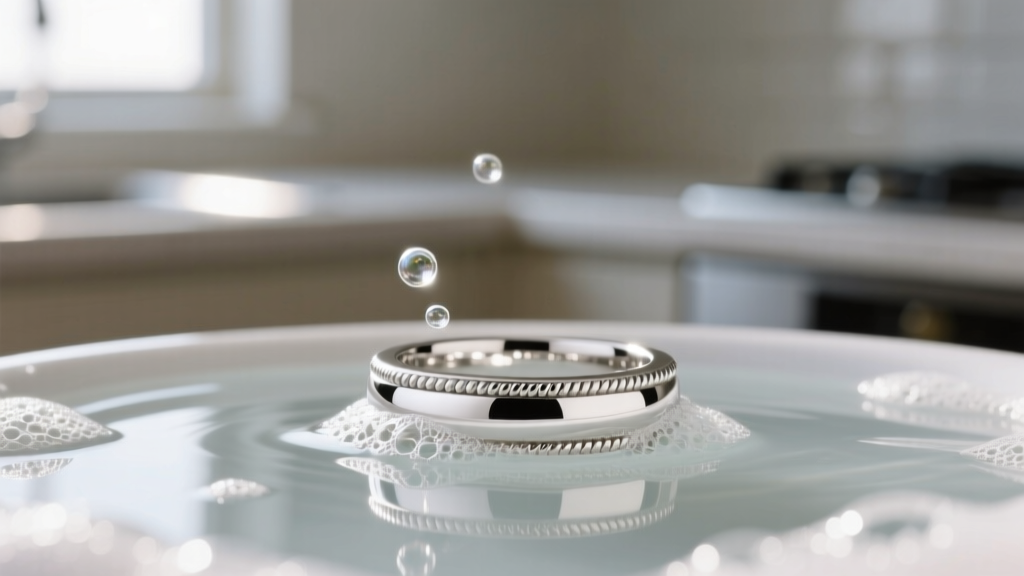 Side profile of a rhodium-plated white gold ring submerged in a mild dish soap solution, illuminated by soft natural window light