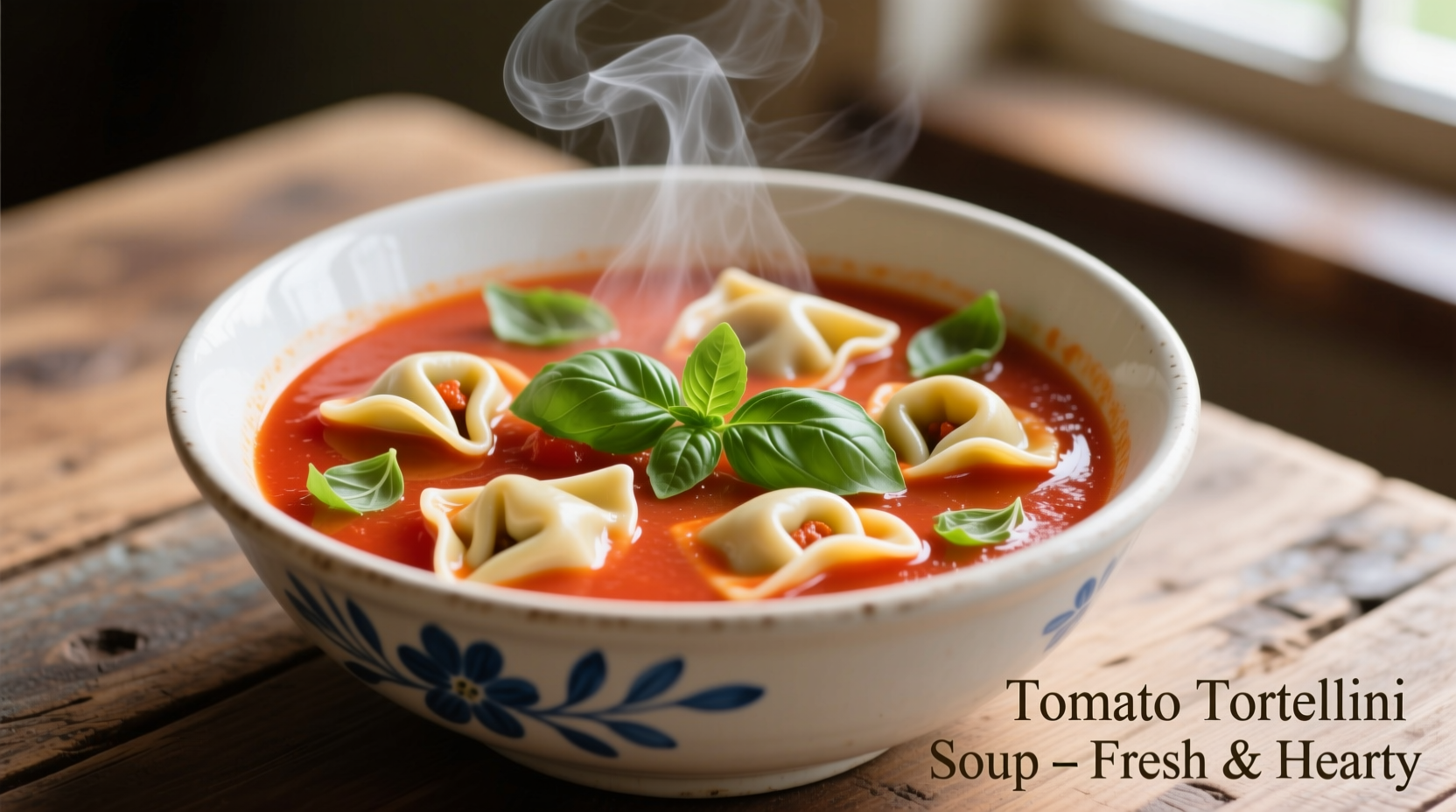 Steaming bowl of tomato tortellini soup with fresh basil garnish