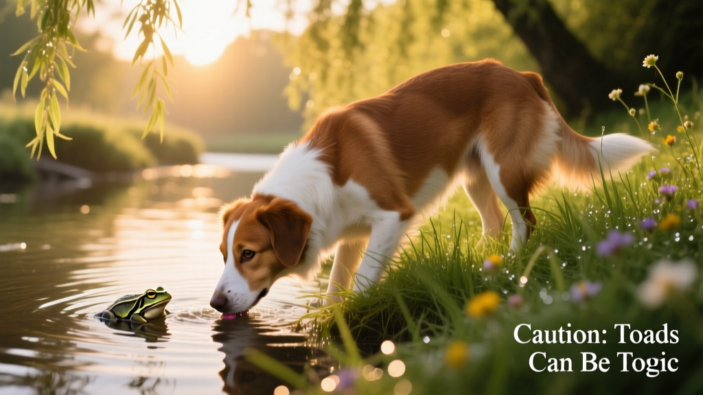 a brown and white dog drinking from a grassy river bank