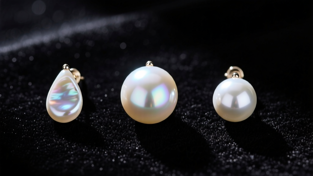 Three pearl drop earrings on black velvet: a round South Sea, a teardrop baroque, and a glass replica, shown from a top-down angle