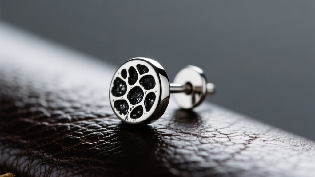 Macro shot of a silver stud resting on dark leather, showing early black silver sulfide tarnish forming on the earring post.