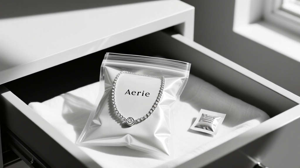 Jewelry drawer showing an Aerie tennis necklace stored inside a sealed anti-tarnish ziplock bag next to a small silica gel packet