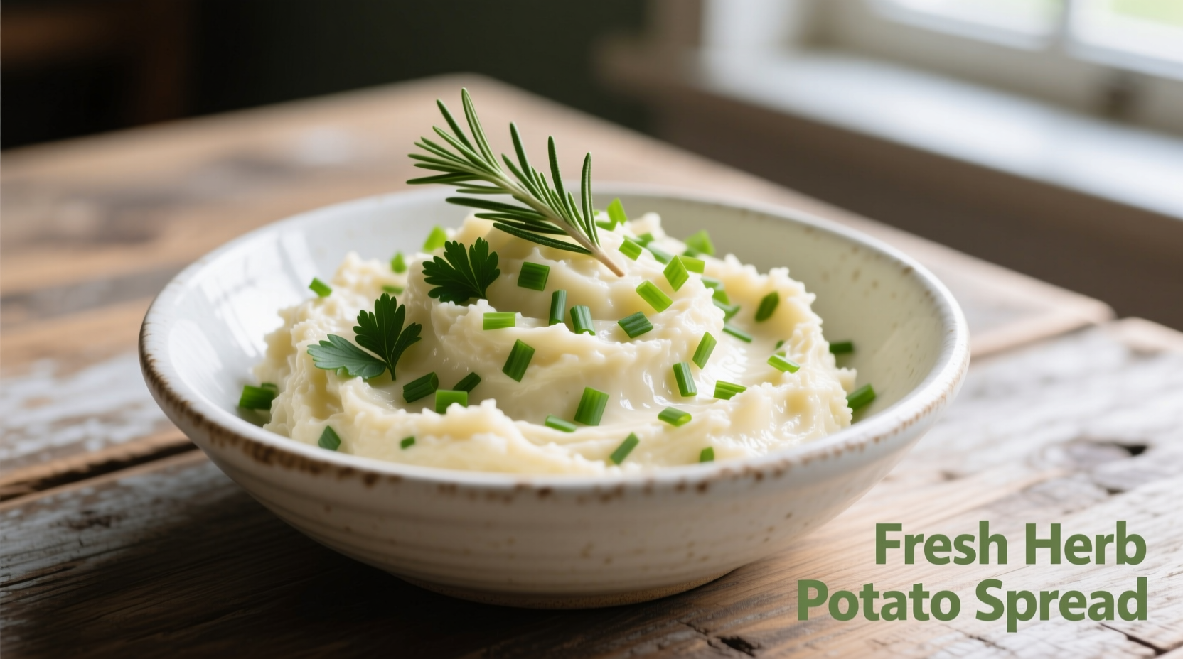 Creamy potato spread in white bowl with herbs