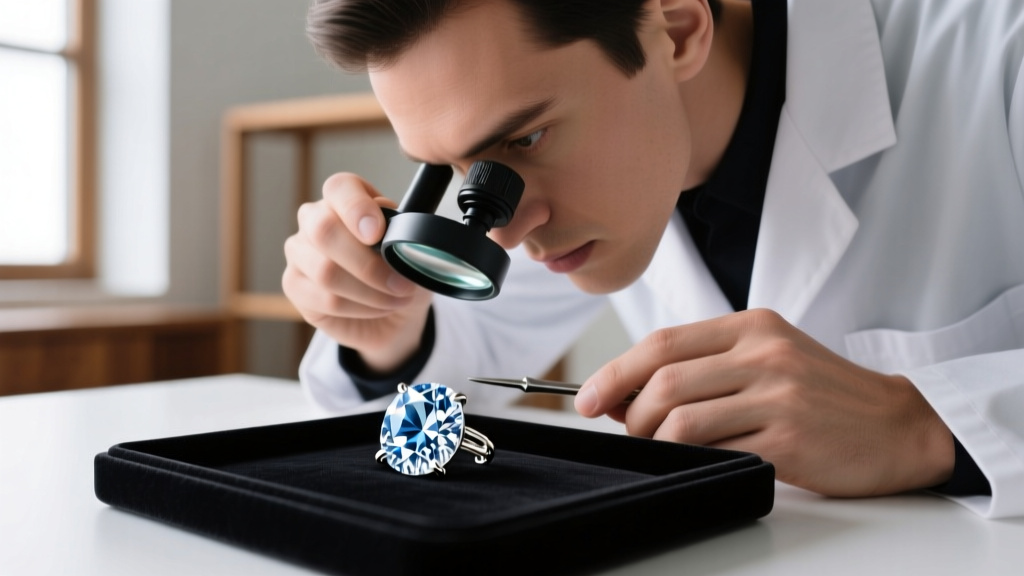 Jeweler using a 10x loupe to inspect the prongs and post thickness of a heavy four-carat diamond earring on a black velvet tray.