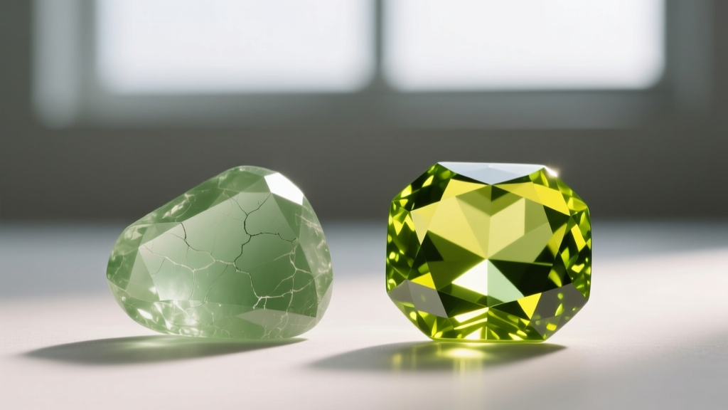 Macro shot of prasiolite next to peridot, contrasting muted olive green quartz with vibrant yellow-green gem hues in studio light.
