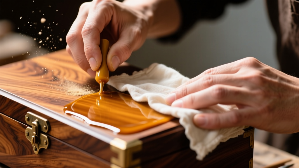 Hands applying Renaissance Wax to large jewelry box vintage walnut veneer with soft lint free cotton cloth in bright daylight
