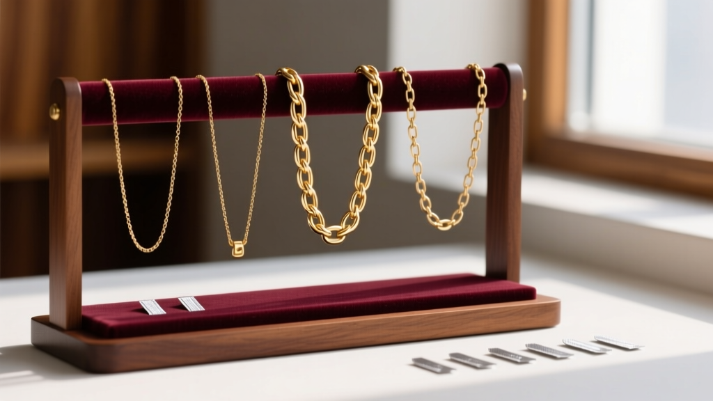 Chain gold necklaces hanging individually on a velvet-lined wooden jewelry stand with small anti-tarnish strips placed nearby