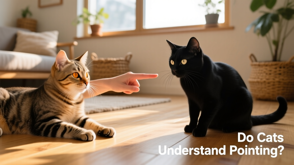Side-by-side comparison: a relaxed cat responding to gentle hand signals versus a tense cat flinching from a pointed finger