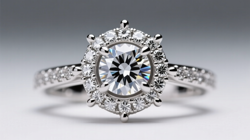 Macro shot of platinum 950 ruthenium pavé setting holding a diamond, highlighting 0.8mm prongs under bright studio lighting