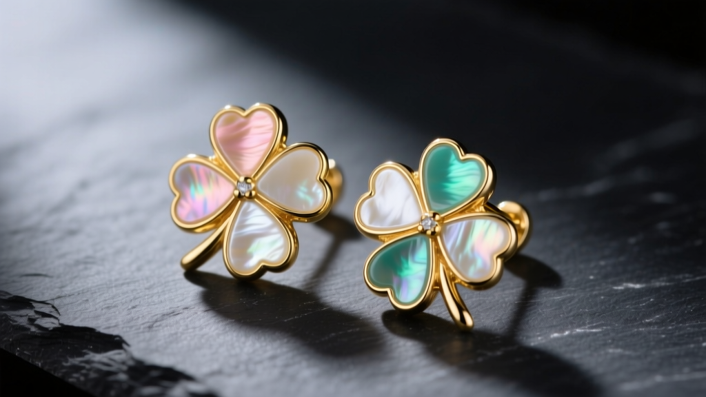 Elegant close-up of 18k yellow gold mother of pearl clover earrings resting on a dark slate surface with soft directional lighting.