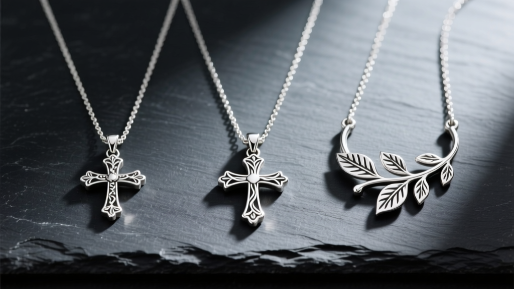 Flat lay of three retired James Avery sterling silver necklaces with cross and nature pendants resting on a dark slate background