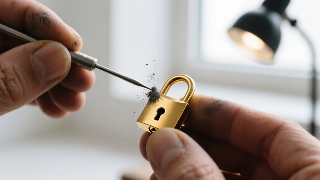 Close-up of a jeweler applying fine graphite powder to the keyway of a miniature 14k gold padlock pendant with a precision needle
