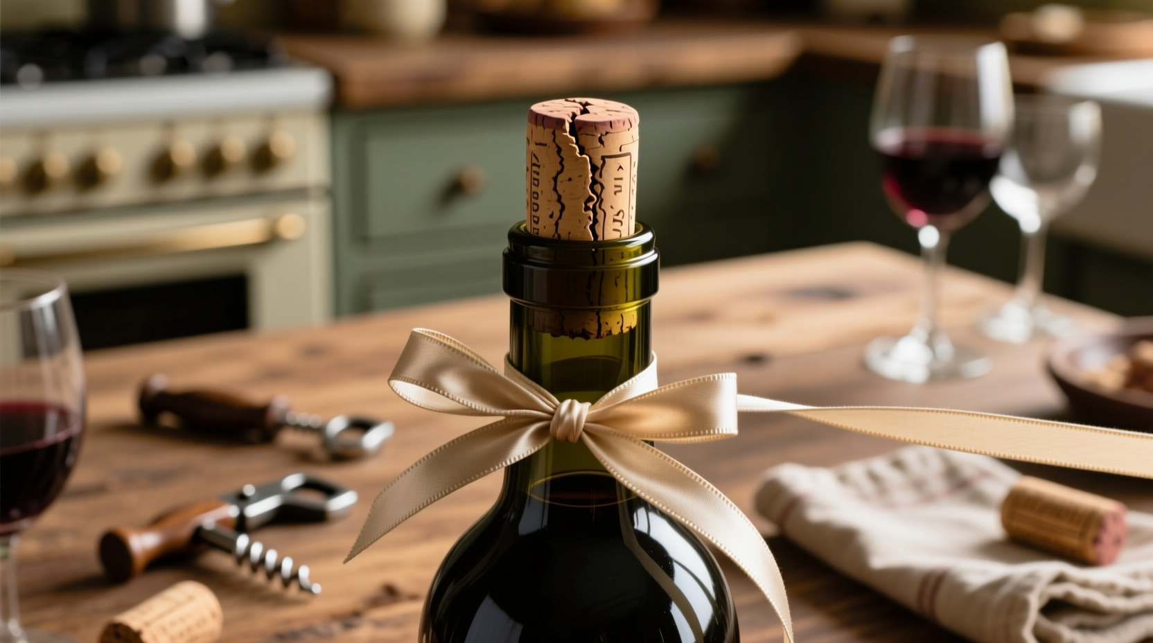 remove a cork stuck inside a wine bottle with a ribbon