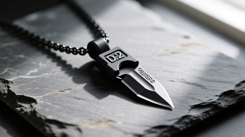 Tactical matte black pendant necklace on slate, showing a 2-inch D2 steel blade partially deployed from a molded sheath