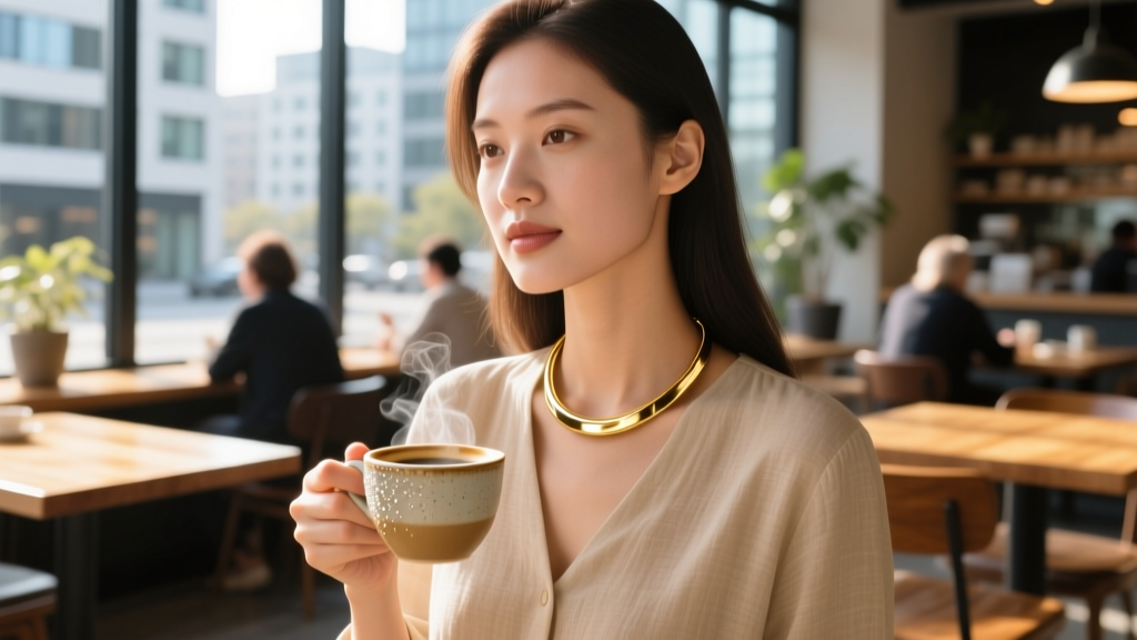 Close-up of a woman wearing a minimalist gold smart safety necklace while holding a coffee cup in a busy, sunlit urban cafe environment.
