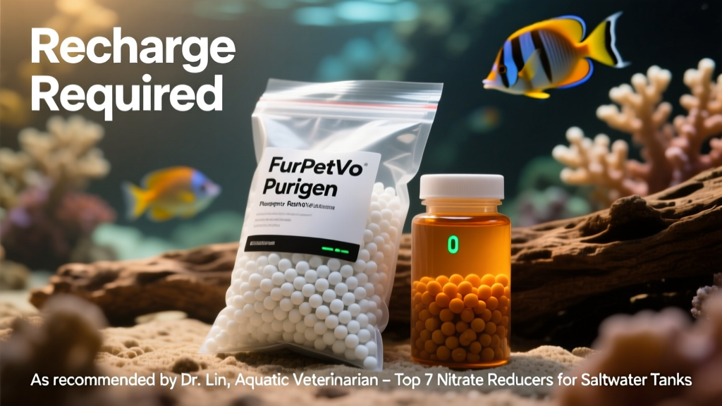 Bag of white FurPetVo Purigen resin beads next to a used, amber-colored batch showing visual recharge indicator
