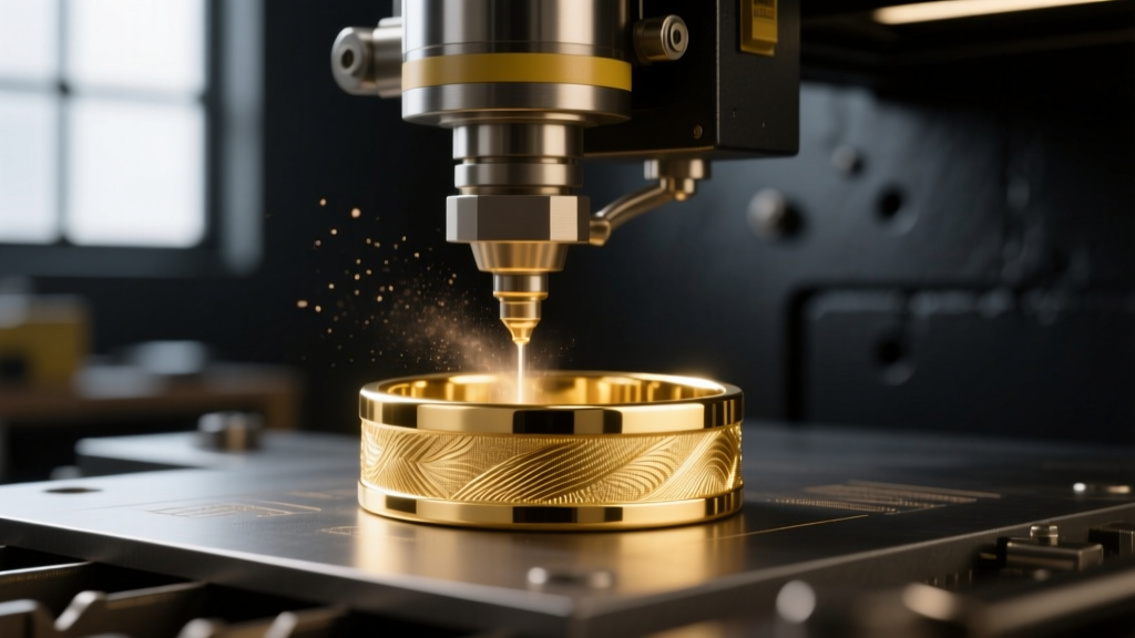 Macro photography of a fiber laser engraving machine focusing on the flat edge of a polished 18k gold ear cuff in a dark workshop.