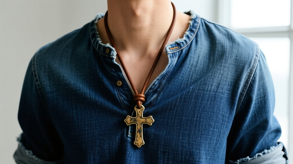 Faded denim henley paired with a thick brown leather cord and raw brass rustic cross necklace resting naturally at the collarbone