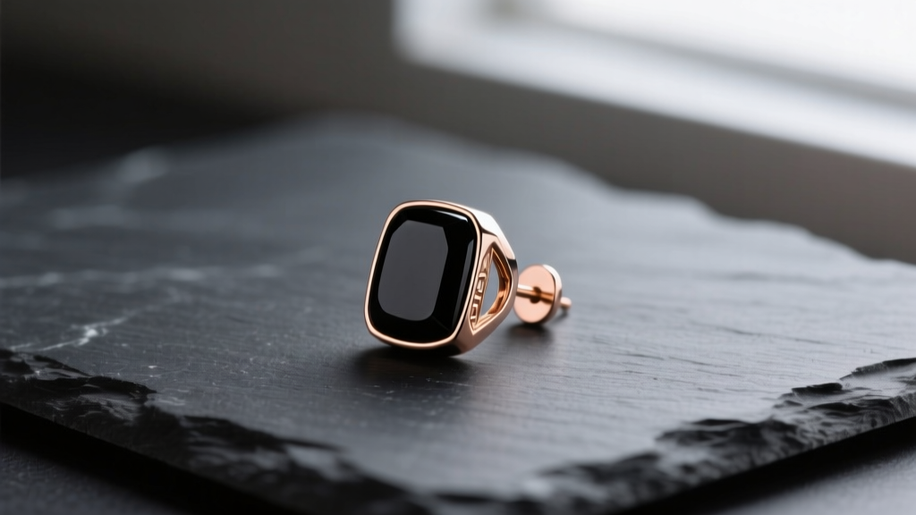 Flat lay of a matte black onyx and 18k rose gold signet stud earring on dark slate, highlighting the contrast of metal and stone