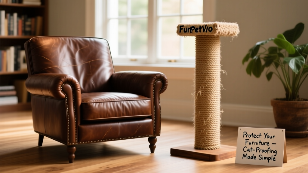 Side-by-side comparison: a pristine leather armchair next to a sturdy FurPetVo scratching post covered in natural sisal