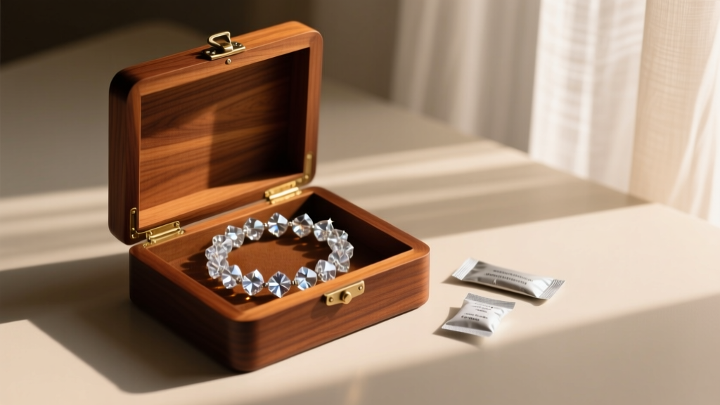Wooden jewelry box holding a coiled vintage crystal necklace next to anti-tarnish strips and silica gel packets in soft warm light