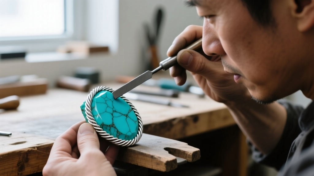 Jeweler using a steel burnishing tool to press a 22-gauge sterling silver bezel wire tightly against the edge of a turquoise slab