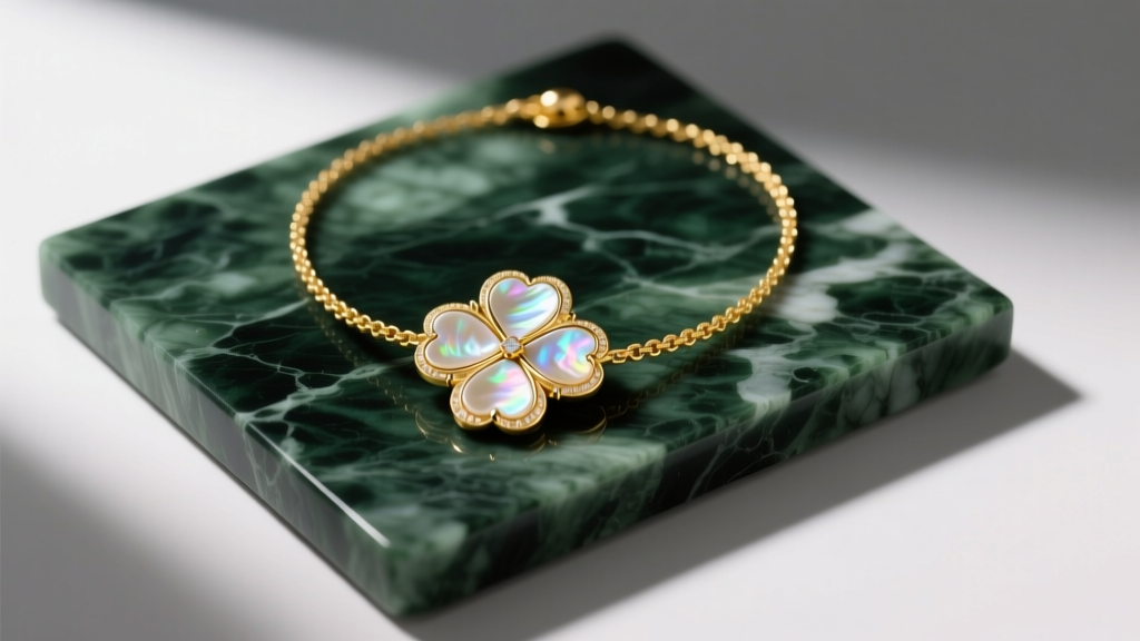 Flat lay of an 18k yellow gold clover shaped necklace with mother of pearl inlay on dark green marble, soft studio lighting