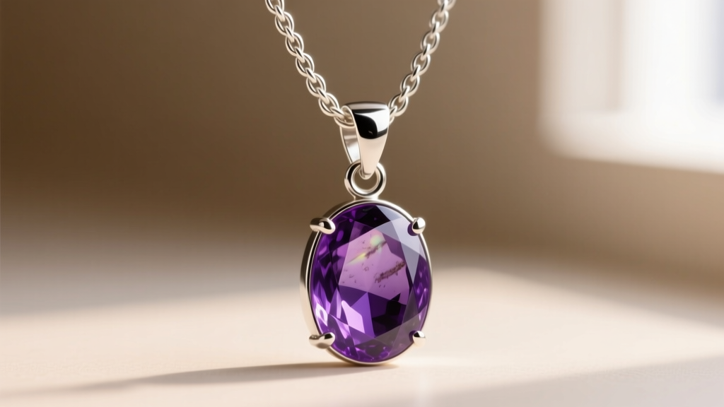 Close-up of a 3mm sterling silver wheat chain connected to a reinforced double-ring soldered bail on a large sugilite cabochon