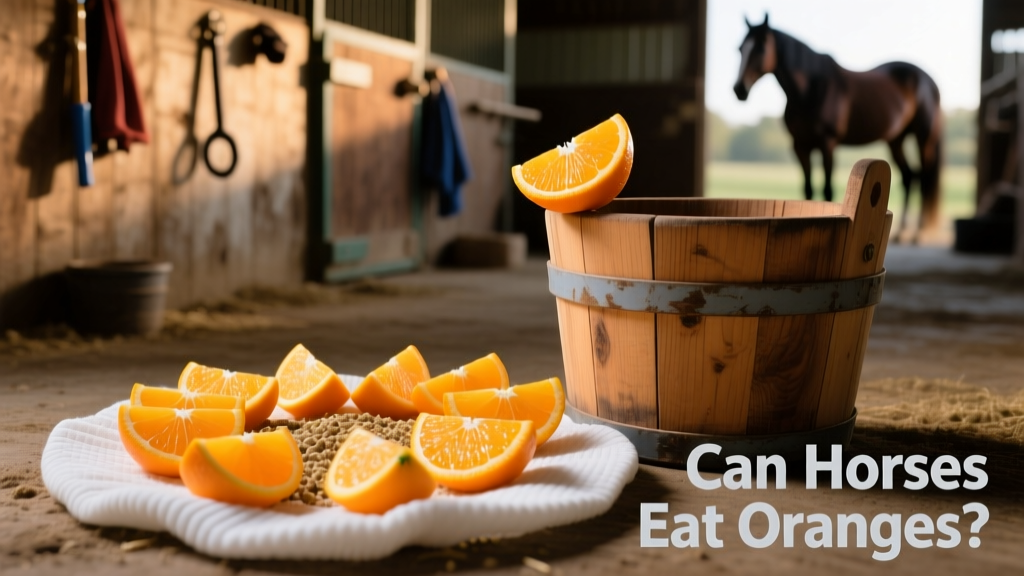 Close-up of sliced oranges arranged on a clean feeding mat next to a horse’s feed bucket