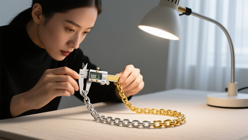 Jeweler using digital calipers to measure gold vermeil thickness on a sterling silver chain link under a bright desk lamp light