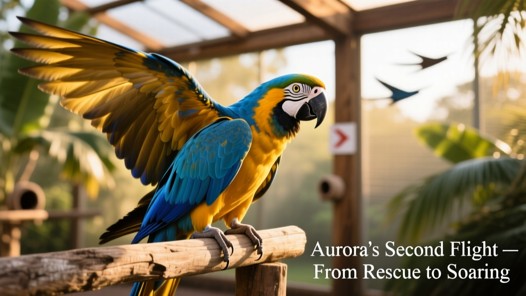 A close-up portrait of Aurora, a vibrant blue and gold macaw with alert eyes and soft, healthy-looking feathers