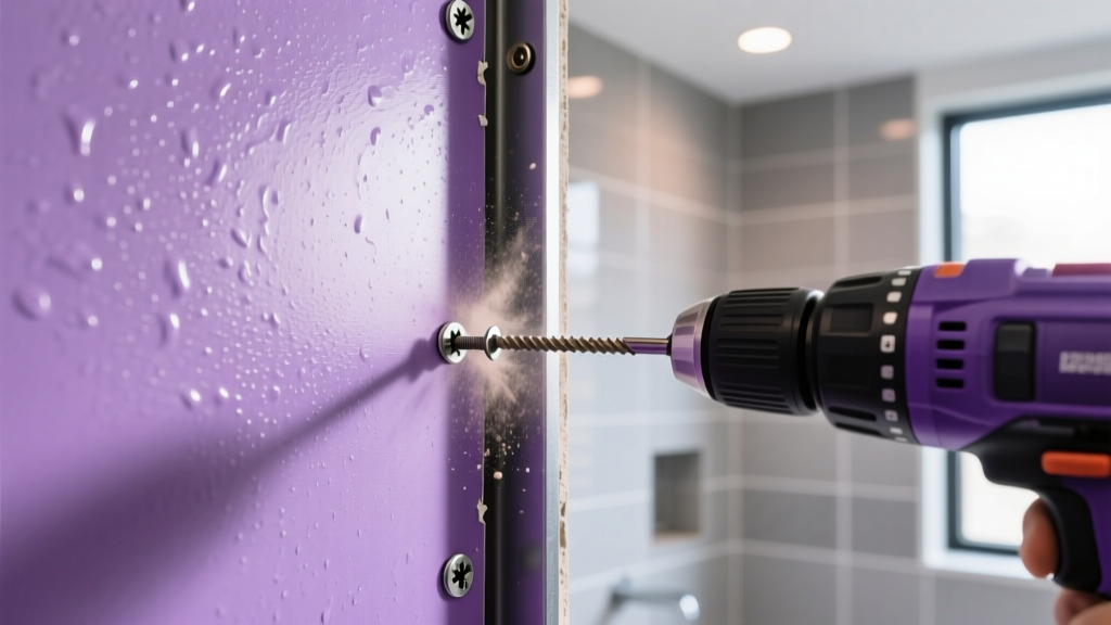 Close-up of purple-faced moisture-resistant gypsum board being screwed into metal wall studs in a modern bathroom remodel