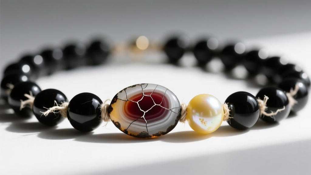 Macro shot of a black white bead necklace with a cracked dyed agate bead and yellowed freshwater pearl on frayed silk thread.