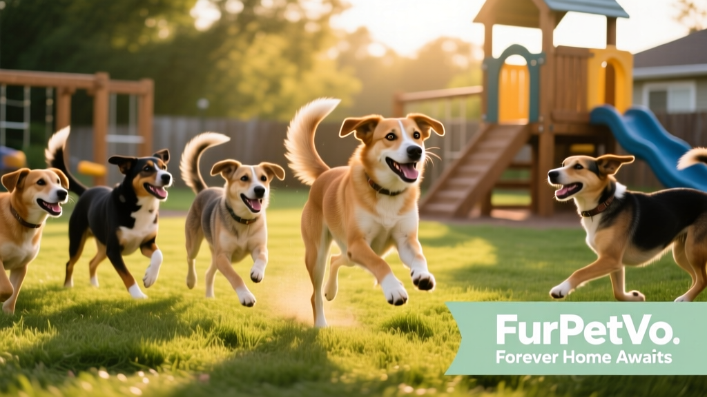 A joyful mix of shelter dogs playing together in a sunlit outdoor play area at FurPetVo