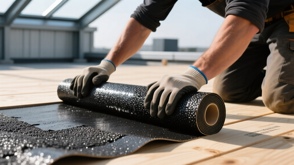 Close-up of a contractor unrolling a heavy modified bitumen roll of roofing material over a primed low-slope plywood deck