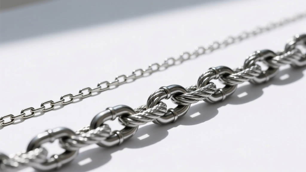 Macro shot comparing a thin 24-gauge chain to a sturdy 18-gauge steel rope chain, laid side-by-side on plain white paper.