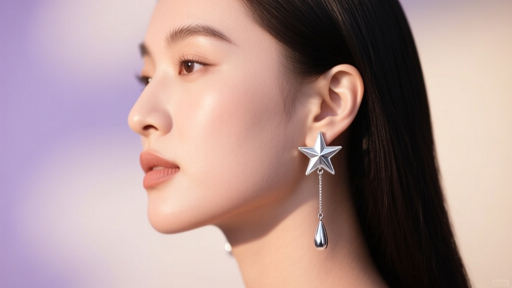Side profile of a woman with a round face wearing long silver star earrings dangle drops against a soft, blurred studio backdrop.