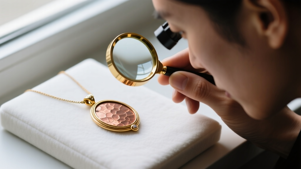 Jeweler inspecting a worn gold plated pendant with a loupe, revealing the raw copper base metal beneath the thin gold layer.