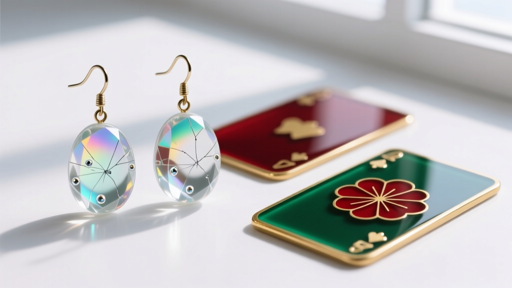 Macro shot comparing cold epoxy resin anime earrings with micro-scratches against pristine fired glass enamel Hanafuda cards