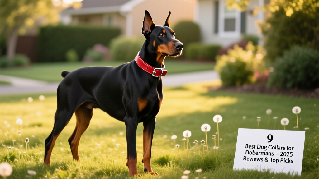 A poised black-and-tan Doberman wearing a stylish red leather collar, standing confidently on grass