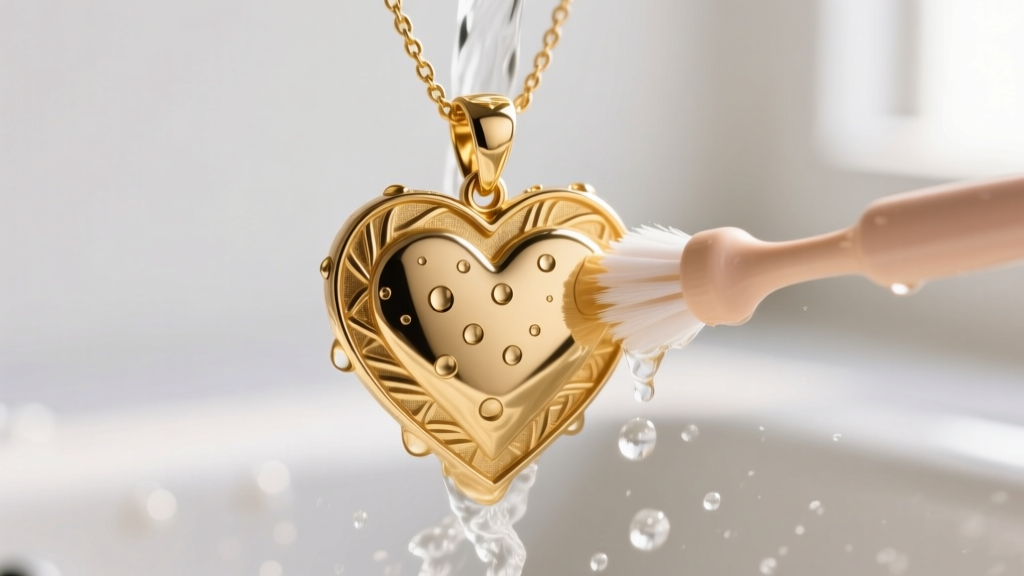 Macro view of a gold vermeil 2 heart necklace pendant gently scrubbed with a soft baby toothbrush under warm running water