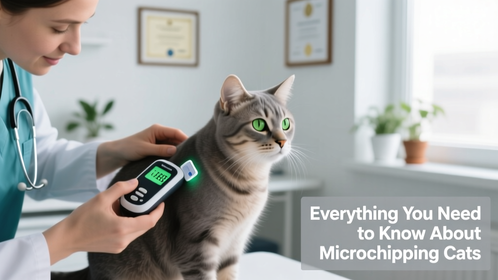 Close-up of a veterinarian gently scanning a cat’s shoulder area with a handheld microchip reader