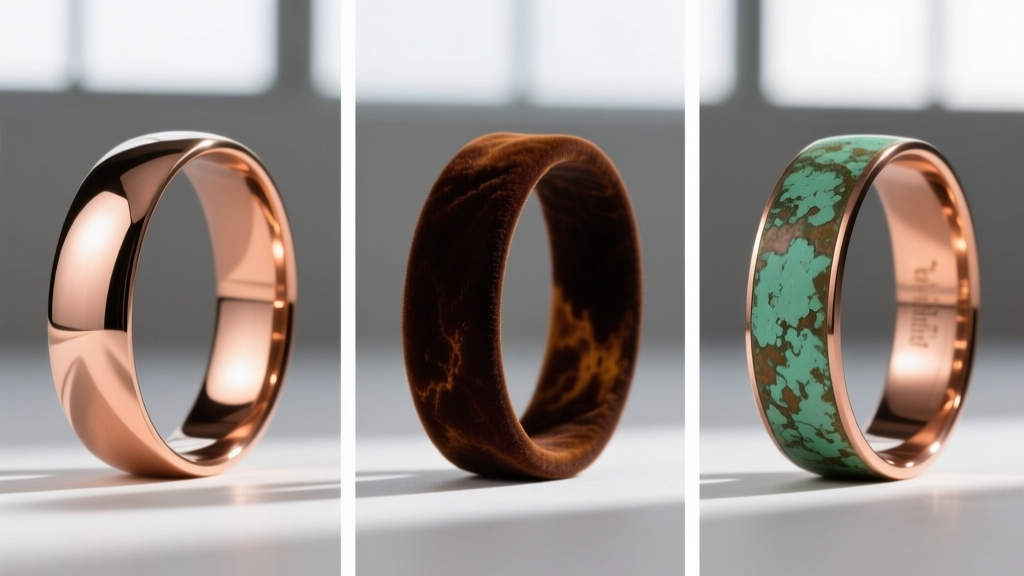 Three copper bands showing patina stages: bright polished, liver of sulfur dark brown, and natural verdigris green oxidation.