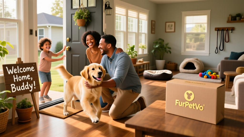 A happy family welcoming their newly adopted dog at home, with FurPetVo’s logo subtly visible on a welcome kit