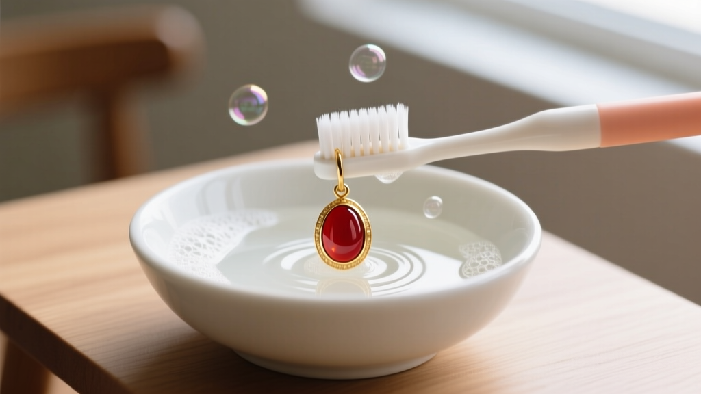 Soft baby toothbrush gently cleaning a gold-set carnelian drop earring in a bowl of lukewarm soapy water under natural light.