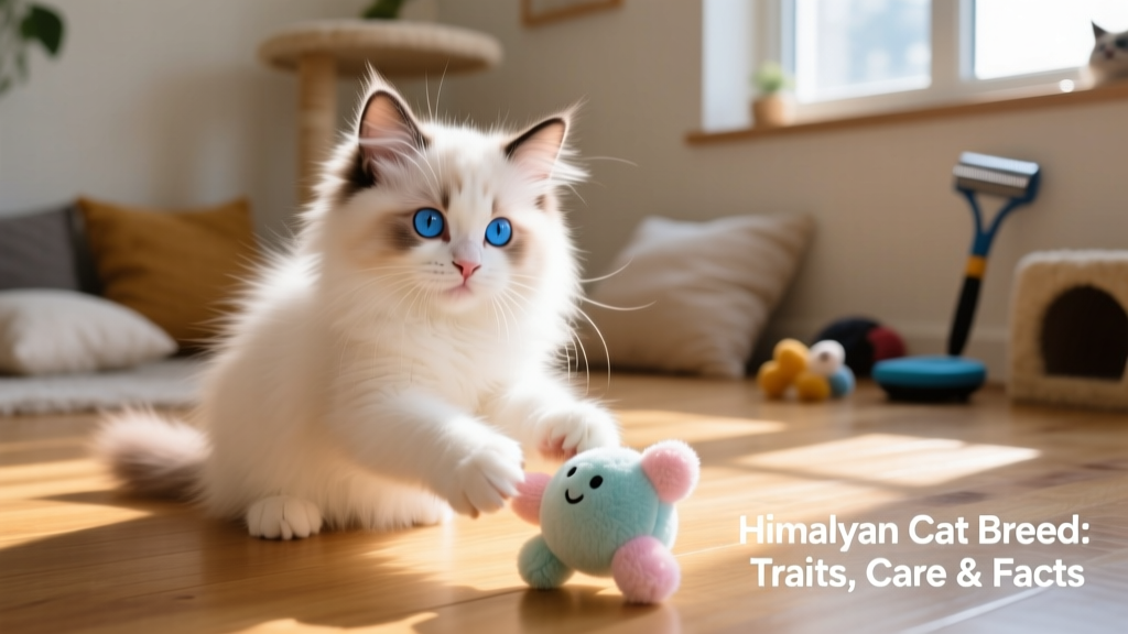 A Himalayan kitten playing gently with a soft plush toy, highlighting its fluffy fur and curious expression