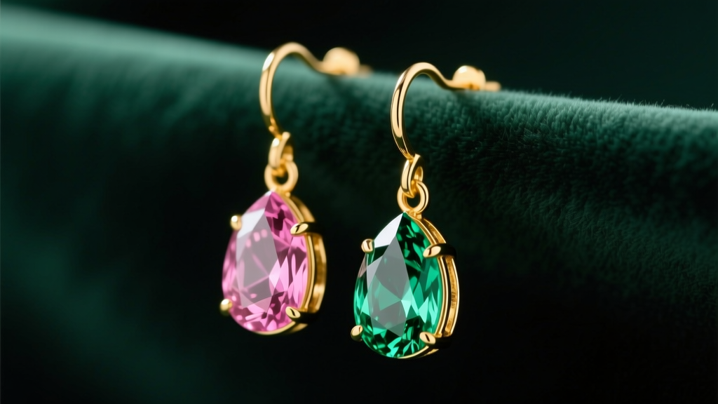 Macro shot of pink tourmaline and tsavorite drop earrings in 18k yellow gold on dark green velvet under soft directional lighting.