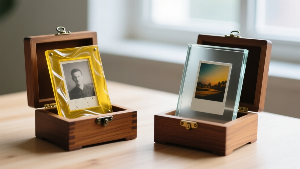 Comparison of yellowed acrylic photo frames versus UV-treated glass frames on two different wooden keepsake jewelry boxes