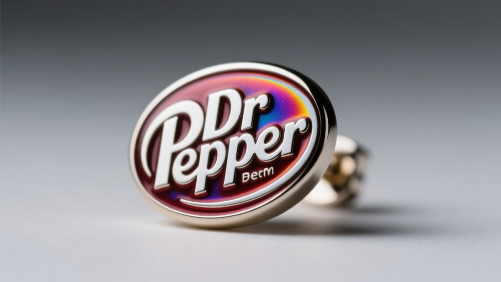 Macro view of recessed soft enamel versus smooth hard enamel on a Dr Pepper logo earring under soft directional studio lighting.